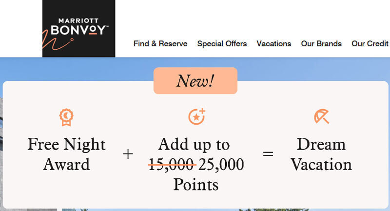 マリオット 無料宿泊特典への追加可能ポイントが2.5万ポイントに